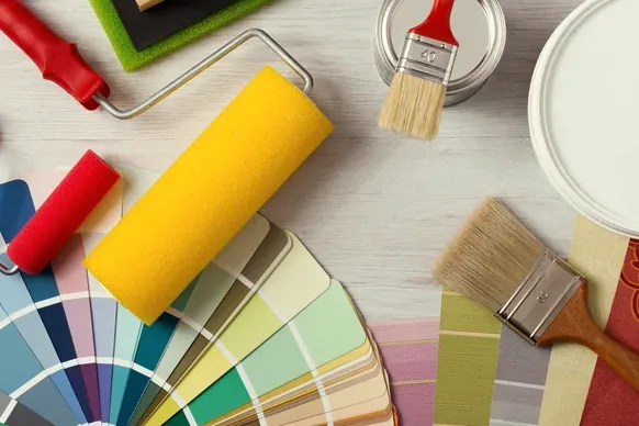 Designer color swatches, brushes and rollers for a Westlake Village consultation