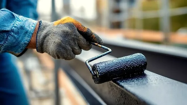 Painter coating a black iron railing at an Oak Park home